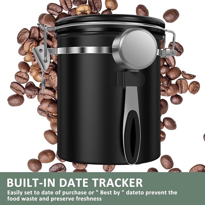2PCS Coffee Bean Storage Container Set , 1.5L 51oz Airtight Stainless Steel Coffee Canister with Scoop & Date Tracker, Coffee Grounds Container for Coffee Bar, Tea, Sugar, for Coffee Lovers, Black