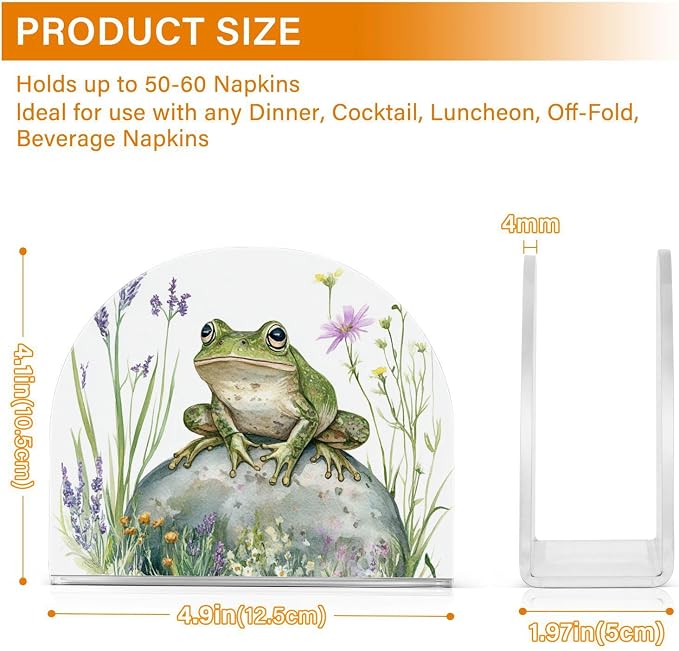 Fustylead Rustic Frog with Lavender and Pink Floral Napkin Holder for Table Acrylic Cocktail Napkin Holders Small Decorative Napkin Dispenser for Home Party Holiday Dining Kitchen Accessories, 2 PC