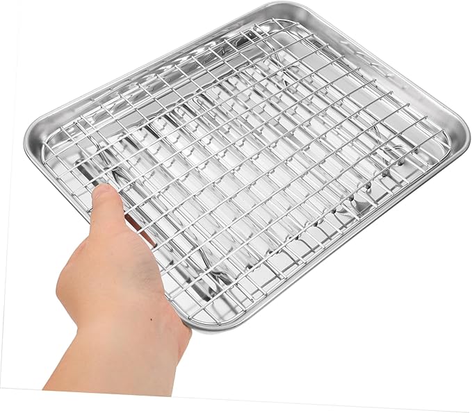 ABOOFAN 1Set Stainless Steel Baking Tray with Wire Rack Food Grade Non Stick Oven Pan Cooling Rack for Home Baking Camping and Restaurants Easy Clean