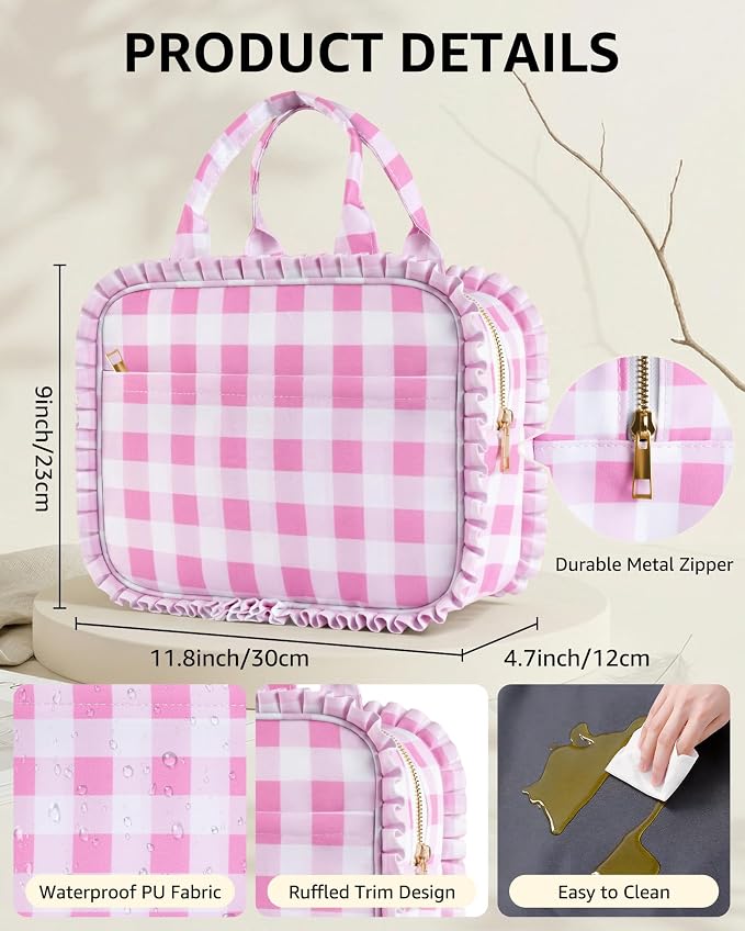 Stylish Checkered Gingham Lunch Bag for Women, Ruffled Trim Lunch Box for Adult Girls, Large Capacity Leakproof Reusable Lunch Box for Work School Picnic Travel (Pink&White)