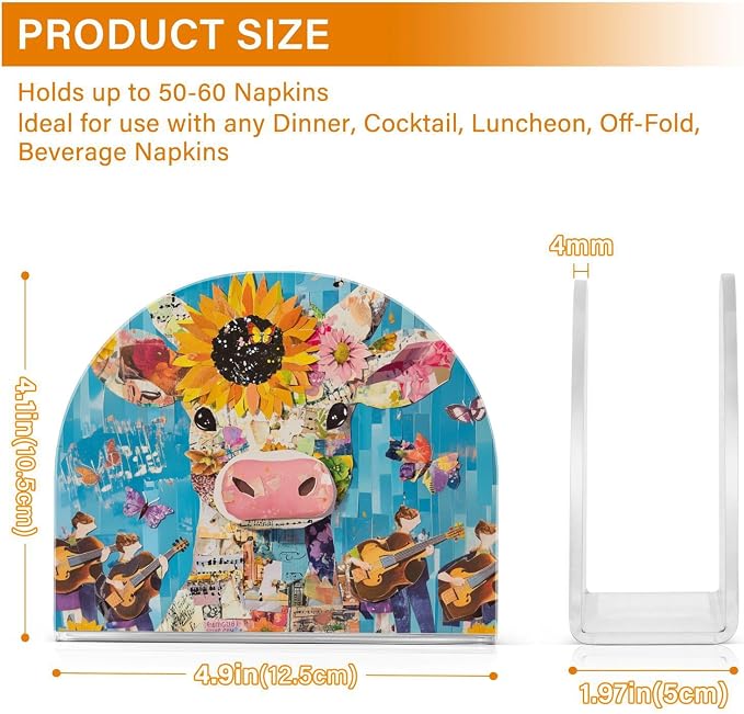 Fustylead Cute Cow with Sunflower Butterfly Napkin Holder for Table Acrylic Vertical Napkin Holders for Paper Napkins Decor Napkin Dispenser for Home Party Dining Cocktail Kitchen Accessories, 2 Pack