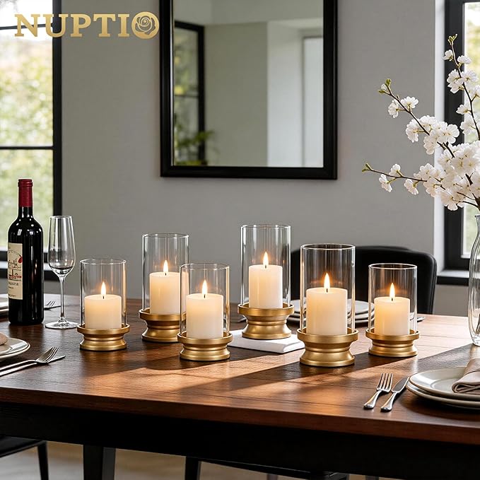 NUPTIO Hurricane Candle Holder Gold: Pillar Candle Holders with Clear Glass Sleeve - Set of 2 Decorative Brass Metal Pillars Stand for Dining Table Centerpiece Shelf Fireplace Mantel Decor