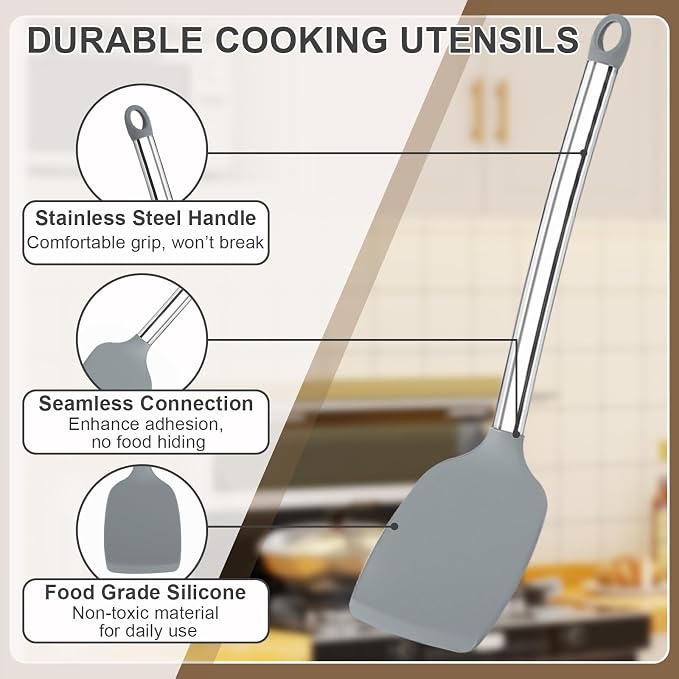 Vayvnt 4PCS Cooking Utensils Set, Food Grade Silicone Kitchen Spatula, Gray | Non Toxic, Up to 480℉ Heat Resistant Silicone, Stainless Steel Handle, Slotted Spoons and Solid Turners, Dishwasher Safe