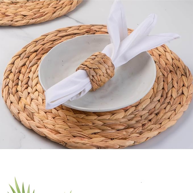 Laquedecraft 13.8" Set of 4 Round Water Hyacinth Placemats | Boho Woven Rattan Table Mats | Farmhouse Wicker Spring Plate Chargers Like Corn Husk, Seagrass for Wedding, Party, Christmas, Events