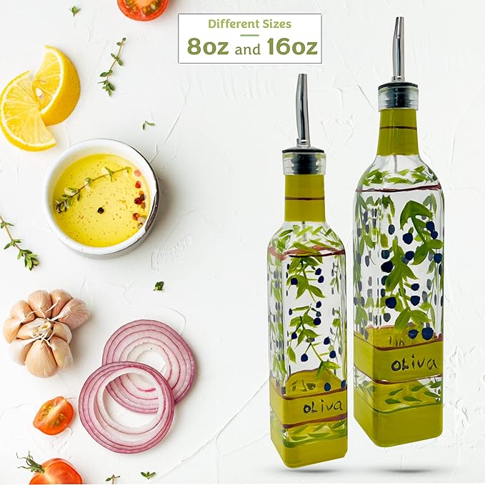 Hand Painted Glass Oliva Branch Oil/Vinegar Glass Cruet for Kitchen, 8 oz Olive Oil Dispenser With Stainless Steel Spout for Easy Pouring