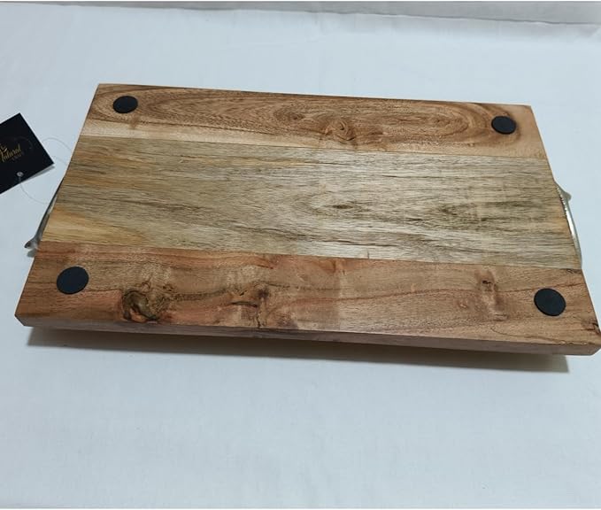 Rustic Wood Serving Tray with Rope Handles, 16 x 8 inches with Metal Handle (Accaia Wood Tray with Silver Bird, Standard)