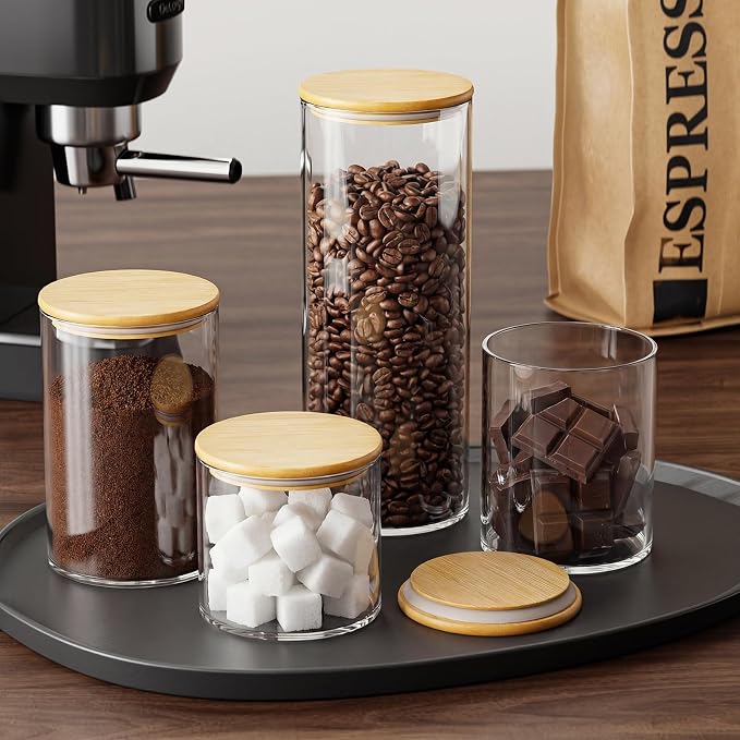 OneDream Glass Container - 5 Pack MultiSize Glass Jars with Bamboo Lid, Bamboo Lid Storage Jar Canister for Coffee Beans, Cereal, Pasta, Flour, Tea, Nuts, Candy, Salts and More