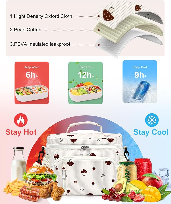 Insulated Lunch Bag for Men & Women, 9L Leakproof Lunch Box Soft Cooler Tote with 5 Pockets, 600D Oxford, EVA Lining, Adjustable Strap for Work, Picnic, Beach&Travel-Corduroy Mushroom