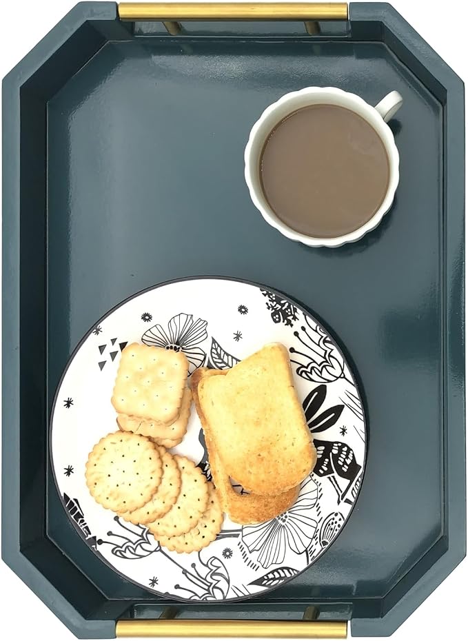 Serving Tray with Polished Metal Handles, Hexagon Coffee Table Tray, Modern Rectangle Decorative Tray, Large Ottoman Tray, Perfect for Storage and Display (Teal Rectangle)