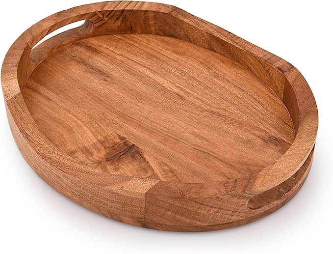 Tray Acacia Wood Oval Large Tray with Handle Food Serving Trays for Living Room Home Dining Table (14" X 11" X 2")