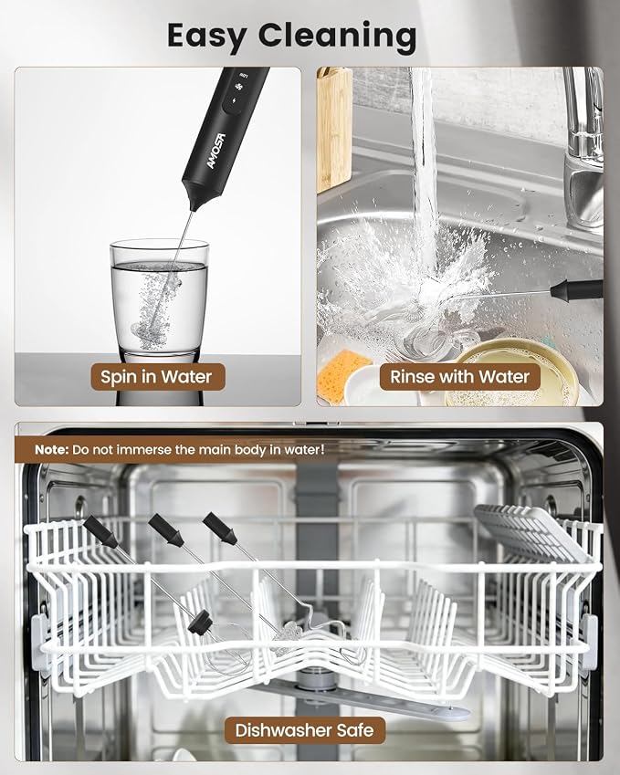 AMOSA Milk Frother Handheld with Stand, Rechargeable Frother with 3 Speeds & 3 Heads, Travel Frother with Case, Coffee Mixer for Latte, Milk, Cream, Egg, Coffee, Cappuccino