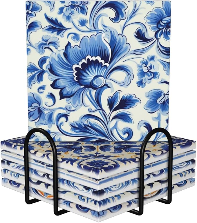 Coasters Set of 6, Coasters for Drinks Absorbent Stone with Holder, Blue and White Flower Ceramic Drink Coaster for Tabletop Protection, Coffee Table Decor Ideal for Home Decor House Warming Gifts