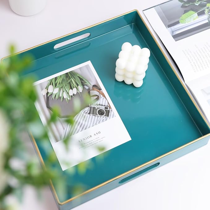 Spsyrine Green Decorative Serving Tray with Handles, 13" X 13" Square Plastic Coffee Table Tray for Ottoman, Living Room, Bathroom, Home Decor.
