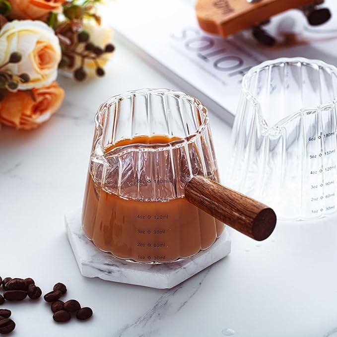 Jingmore 1 Pcs Espresso Shot Glass with Handle, 6 oz/180 ml Espresso Cup with Single V-shaped Mouth, Measuring Cup for Milk Tea Coffee Bar Accessories (Clear)