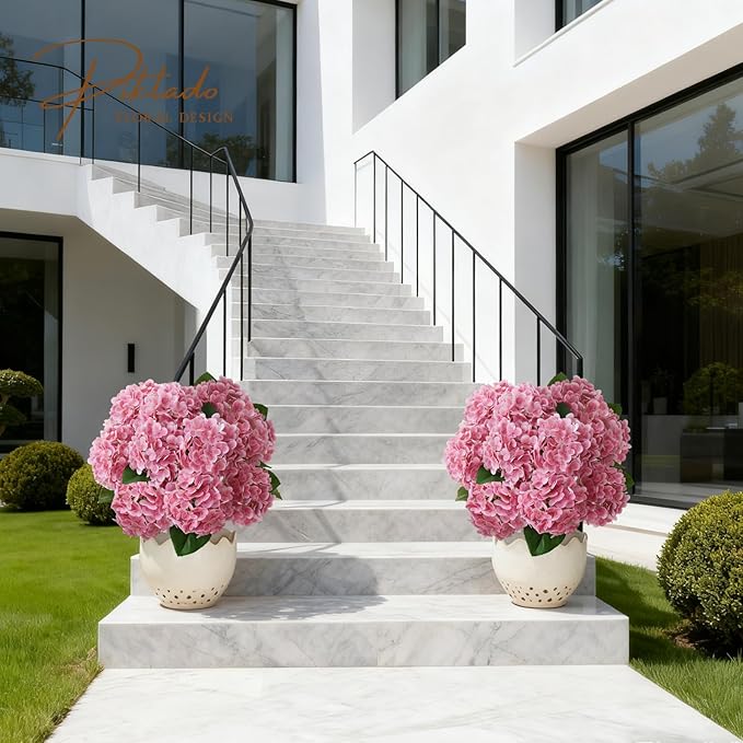 A Bunch 21in, Real Touch Pink Hydrangea Artificial Flowers,with 5pcs Flower Head 10pcs Leaves, Faux Hydrangea Flowers for Home Office Decor Wedding Party Arrangements (1, Pink)