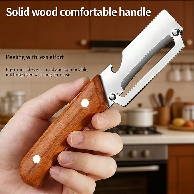 Multifunctional Vegetable Peeler with Wooden Handle and Bottle Opener, 2 in 1 Stainless Steel Blade Peeler for Kitchen, Specially Designed for Peeling Various Fruits and Vegetables (1pcs)