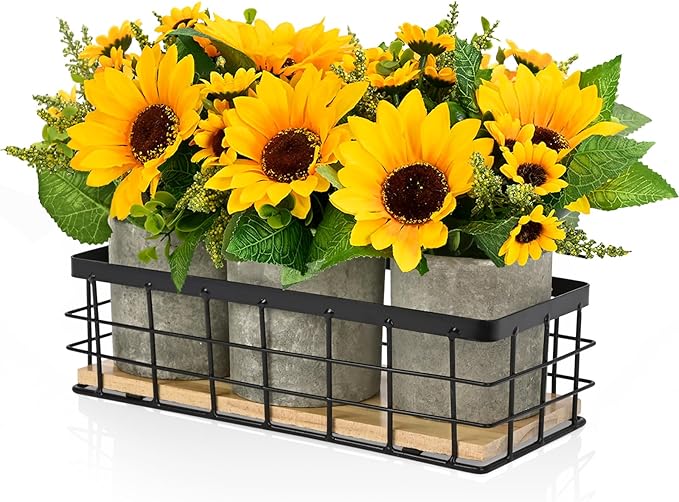 3 Potted Artificial Plants Flowers for Home Decor Indoor, Centerpiece Table Decorations for Dining Room and Coffee Table, Yellow