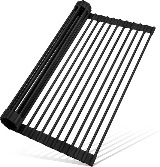 MERRYBOX 20.5" x 13" Roll Up Dish Drying Rack Silicone Wrapped Over The Sink Dish Drying Rack Multipurpose Foldable Sink Drying Mat, Heat-Resistant & Anti-Rust Dish Rack for Kitchen Sink, Large, Black