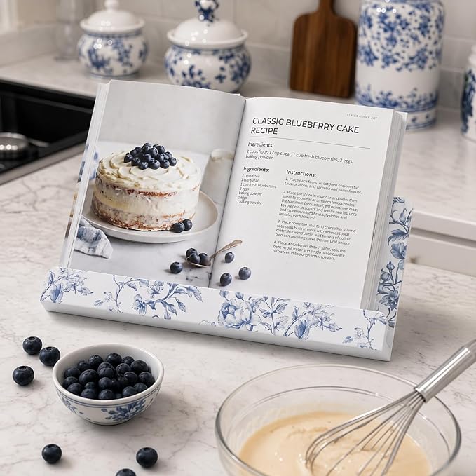 Hushee Chinoiserie Floral Recipe Book Holder Wood Blue and White Kitchen Decor Blue and White Cookbook Stand for Kitchen Countertop Recipe Book Holder for Cooking Lover Housewarming Gift, 18.7x8.7inch