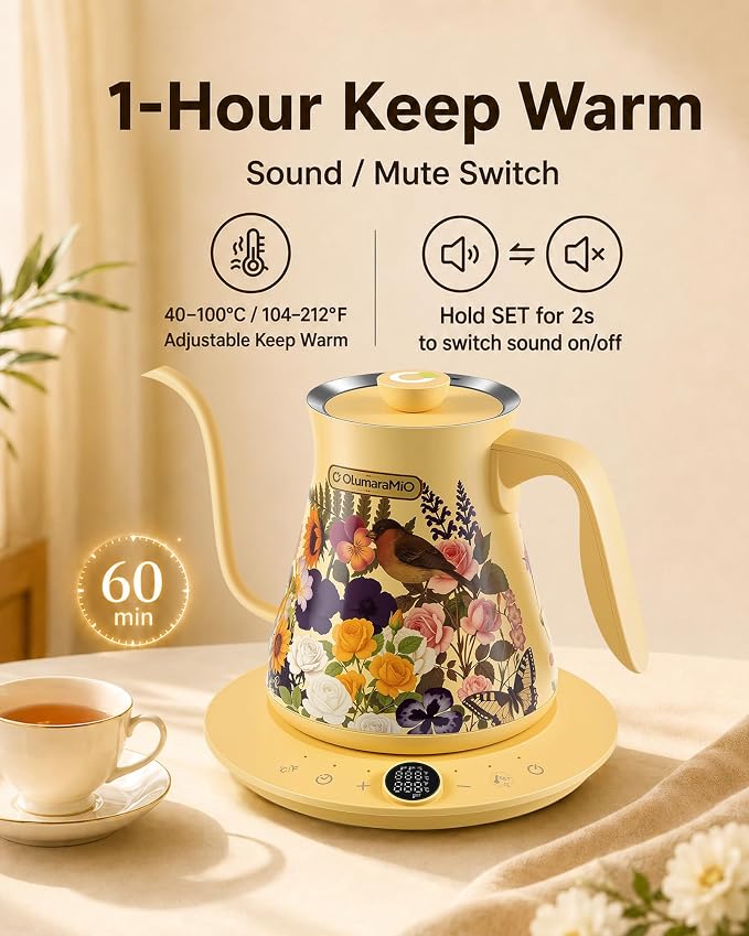 Olumaramio 0.8L/27oz Gooseneck Electric Kettle - ±1℉ Precise Temperature Control for Pour Over Coffee & Tea, 1200W Fast Heating, Auto Shut-Off, Built-in Brew Timer, BPA-Free Stainless Steel, Floral