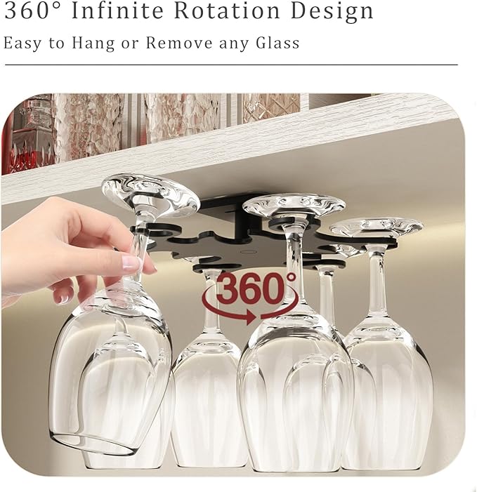 Under Cabinet Wine Glass Holder, 360° Infinitely Rotating Wine Glass Holder, No Drilling Wine Glass Rack for Kitchen, Dining and Bar.(Black)