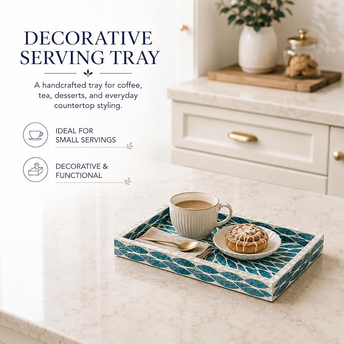 Mother of Pearl Inlay Wooden Tray – Handmade Decorative Rectangle Serving Tray for Coffee Table, Kitchen, Bathroom, Vanity or Living Room Decor, Peacock