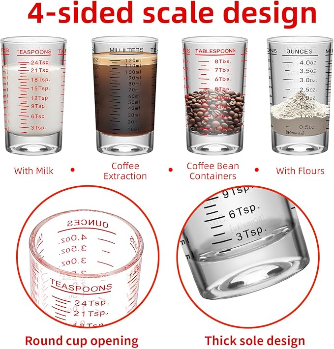 4Pcs Shot Glass Measuring Cup, 4 Ounce Heavy Base Jigger, Espresso Shot Glasses, Liquid Cup, Round Shot Glasses, Small Cups for Vodka, Whiskey, Tequila, Espresso, Liquor (4, Black & Red)