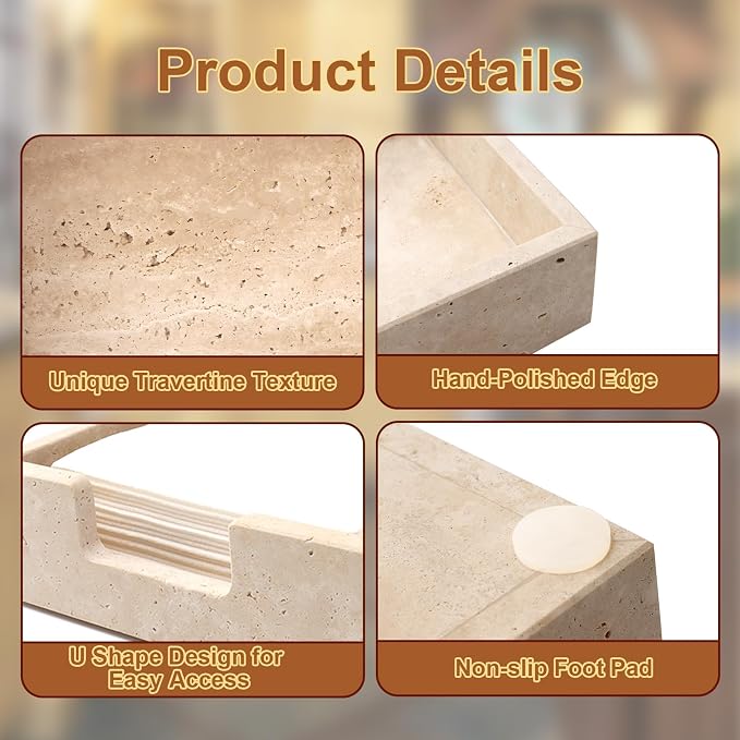 Cocktail Napkin Holder,Travertine Stone Napkin Holders Fit for 5”x5” Cocktail-Sized Napkins,Stone Napkin Holder for Table Kitchen Counter Dining Room Party Bar Decor,Beige