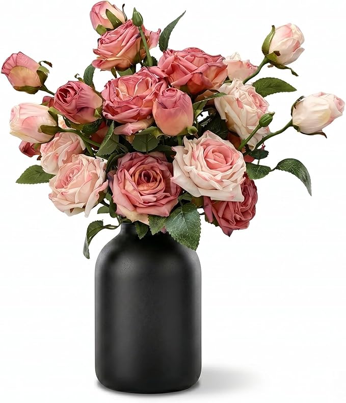 Artificial Flowers with Matte Black Metal Vase, 18 Heads Silk Roses,Faux Flowers for Centerpieces,Modern Farmhouse Decor Home Decor, Tabletop Decorations for Party, Kitchen Dining Coffee Table Decor