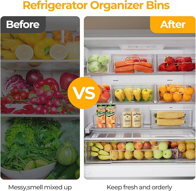 Refrigerator Organizer Bins with Pull-out Drawer 6 Pack Stackable Clear Fridge Drawer Organizer Fruit Vegetable Storage Containers for Kitchen Pantry Organization (2 Large+4 Medium)