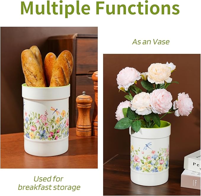 Kitchen Decor Utensil Holder,7in Ceramic Utensil Crocks for Countertop,Cocina Organizer for Cooking utensil caddy, White and Green Cottage Style