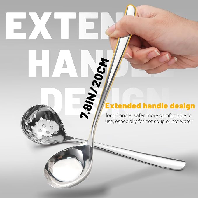 2Pcs Small Ladle and Slotted Spoon, Heavy Duty 304 Stainless Steel Gravy Ladle Mini Soup Ladles for Serving, Skimmer Strainer Spoon with Holes, Silver