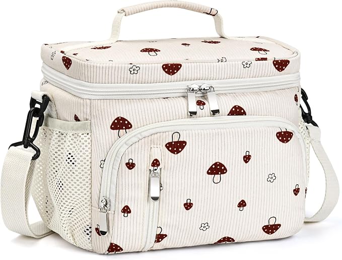 Insulated Lunch Bag for Men & Women, 9L Leakproof Lunch Box Soft Cooler Tote with 5 Pockets, 600D Oxford, EVA Lining, Adjustable Strap for Work, Picnic, Beach&Travel-Corduroy Mushroom