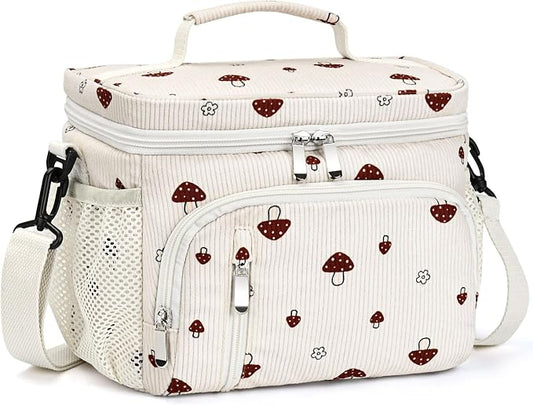 Insulated Lunch Bag for Men & Women, 9L Leakproof Lunch Box Soft Cooler Tote with 5 Pockets, 600D Oxford, EVA Lining, Adjustable Strap for Work, Picnic, Beach&Travel-Corduroy Mushroom