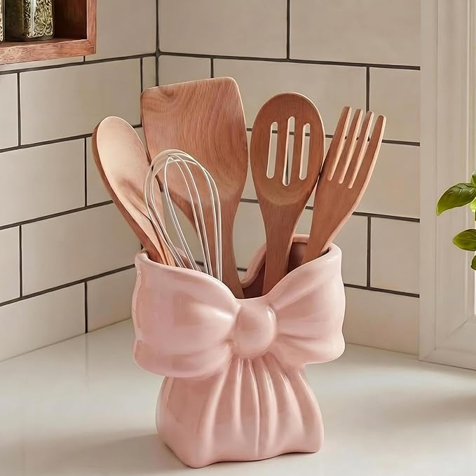 Hushee Pink Bow Ceramic Utensil Holder Cute 3D Coquette Utensil Crock 5.9" Modern Kitchen Counter Organizer Decorative Flower Vase for Home Decor Housewarming Gift