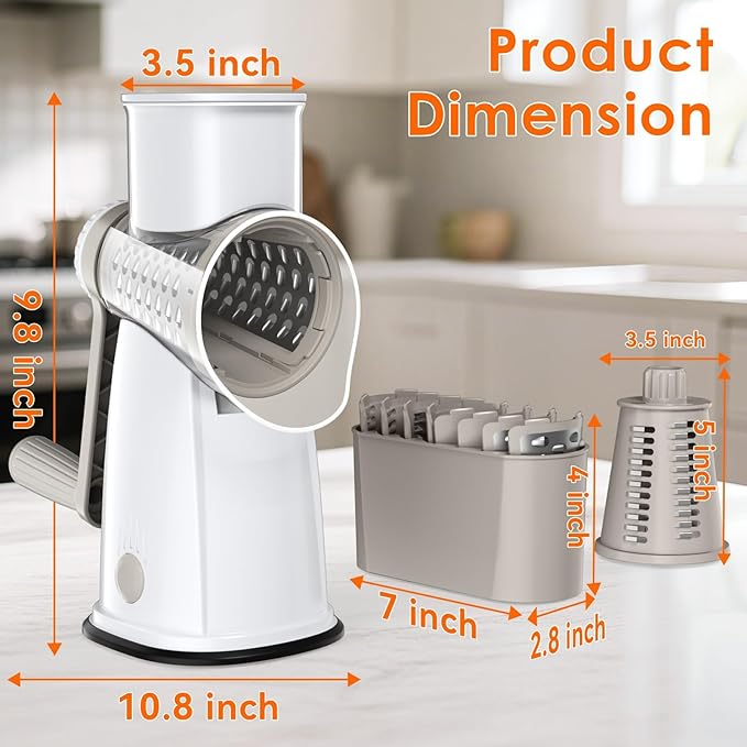 MealHelper 5 Blade Rotary Cheese Grater and Vegetable Chopper with Storage Box and Hand Crank, Compact Shredder for Cheeses, Veggies, Nuts - Easy to Use, Non-slip Suction Base,White