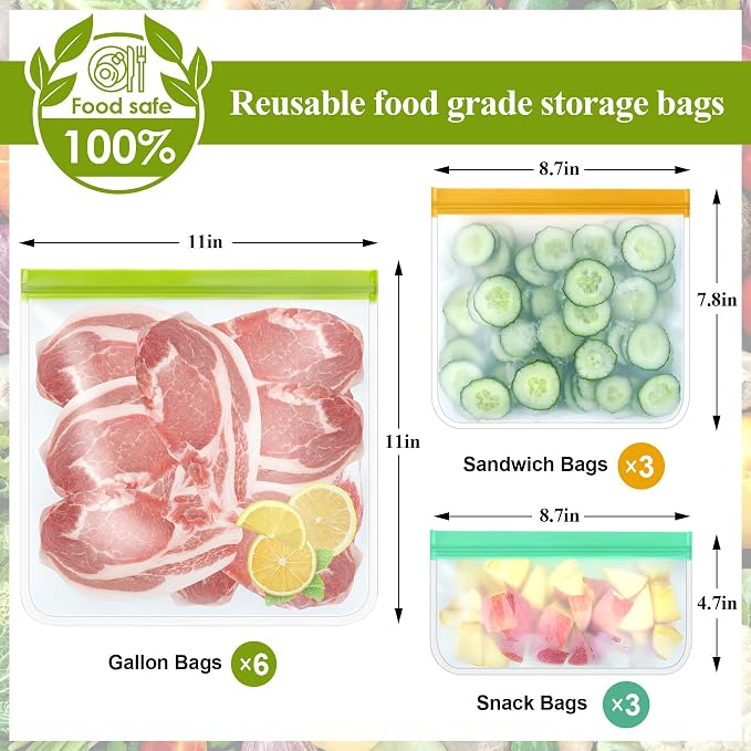 12 Pack Food Storage Containers Silicone Bags-6 Gallon Freezer 3 Sandwich 3 Reusable Snack Bags, Leakproof Silicone Bags for Fruit Storage