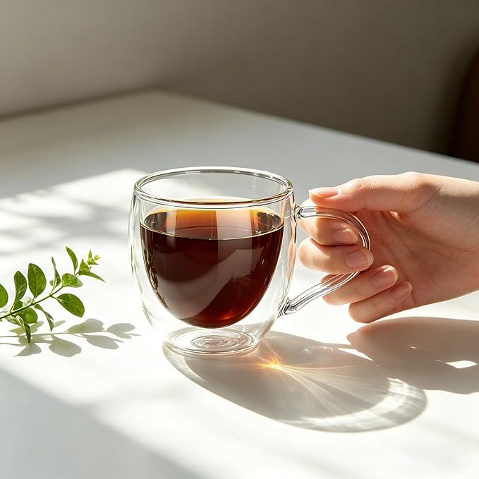 CNGLASS Double Wall Glass Coffee Mugs with Handle,10oz Clear Insulated Glass Espresso Cups for Hot and Cold Beverages,Latte,Cappuccino,Set of 2