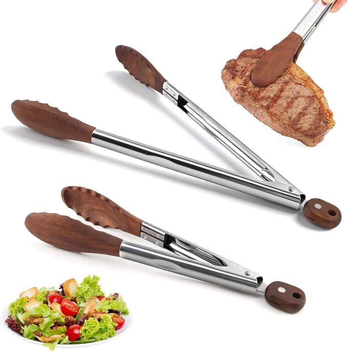 Wooden Tongs for Cooking, Stainless Steel Salad Tongs with Walnut Wood Tip, Multifunctional Stainless Steel Handle Kitchen Tong for Serving Food, Bread, BBQ, Tossing Salad(COLOR:2 pcs)