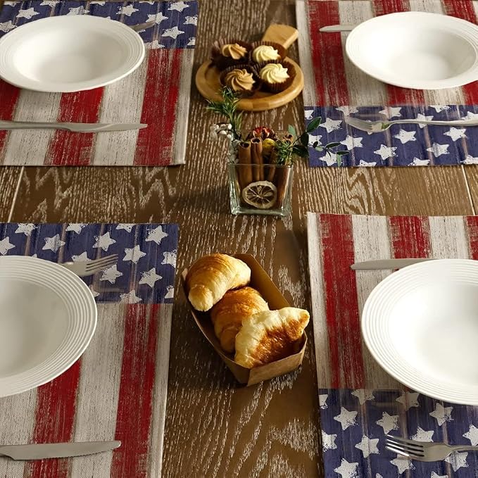 Bloss Patriotic 4th of July Placemats Set of 6, Memorial Day 12" x 18" Linen Table Mats for Party Kitchen Dining Decoration, Retro Vintage Independence Day Disposable Place Mats