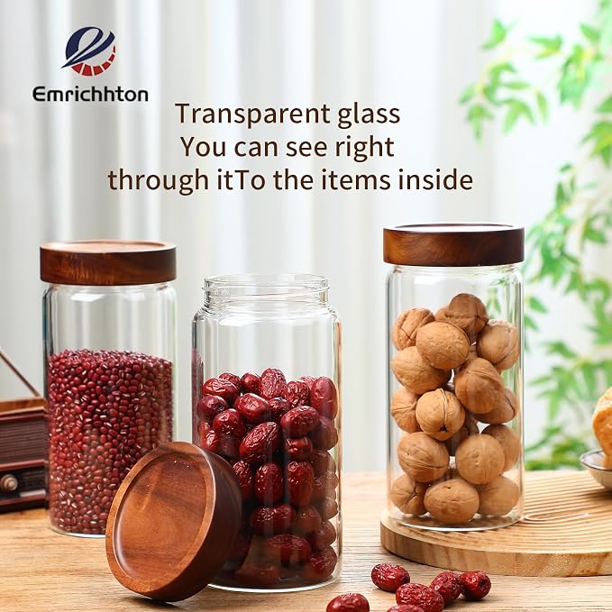 40.5 fl.oz -3 pack Glass Jars with screw Acacia Lids, Glass Food Storage Containers with Airtight Lids, Glass Container Jar Set for Coffee, Nut, Candy, Cereal, Sugar, Snacks, Blooming Tea,Spice