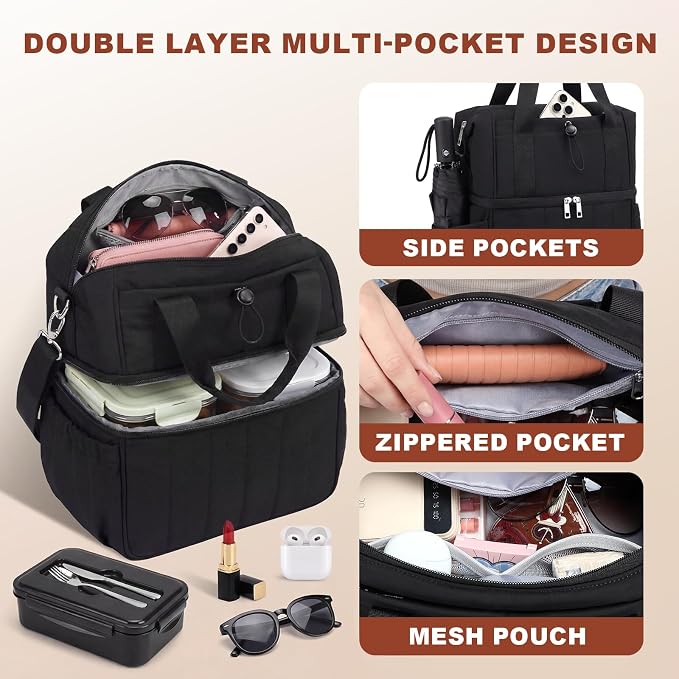LOIDOU Lunch Bag for Women Men, Double Layer Leakproof Lunch Box, Insulated Quilted Reusable Tote Bags Large Capacity Work Lunchbox for Adult, Office, Nurse, Teacher