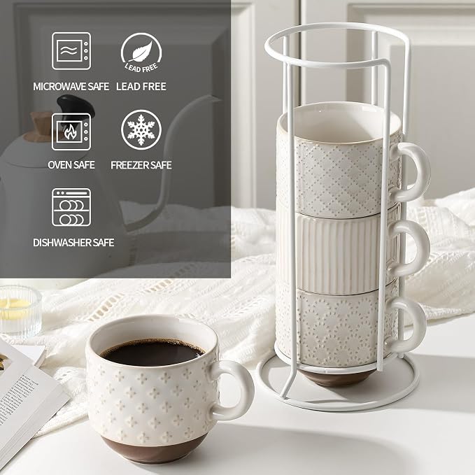 Large Ceramic Coffee Mug Set of 4 with Stand, 15 Oz Stackable Different Embossment Ribbed Latte Cup Set for Cappuccino, Tea, Hot Cocoa, Drinks - Dishwasher & Microwave Safe, Aged Ivory