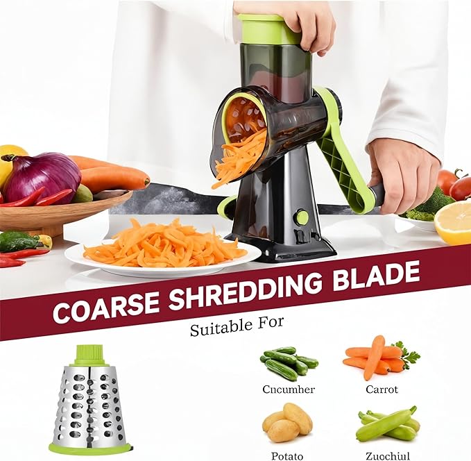 INCITATUS - Cheese Grater Hand Crank - Rotary Cheese Shredder - 3 Interchangeable Stainless Steel Blades & Strong Suction Base - Parmesan Vegetable Grater - Manual Kitchen Vegetable Slicer