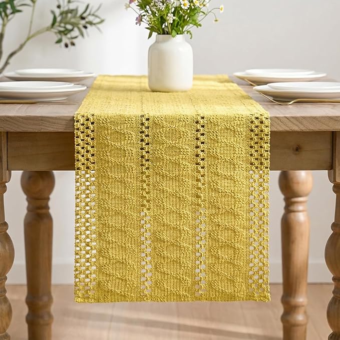 Artoid Mode Yellow Farmhouse Woven Rustic Hollow Table Runner, Seasonal Holiday Hollow Kitchen Dining Table Decoration for Home Party Decor 12x36 Inch