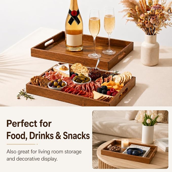 Acacia Wood Serving Tray Set of 2 with Handles for Food & Decor | Serve food & drinks, organize remotes and essentials, decorate coffee tables, ottomans, kitchen counters & living rooms.