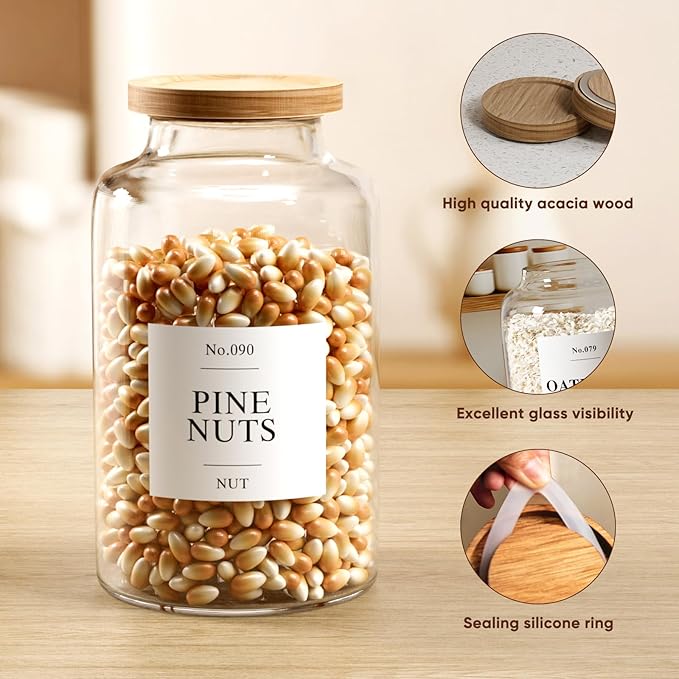 2 PCS Flour Sugar Storage Containers Glass, Large Glass Food Storage Jars with Wood Airtight Lids, 132 Pantry Labels and 2 spoon for Coffee, Flour, Sugar, Spice (98 oz/2800 ml)