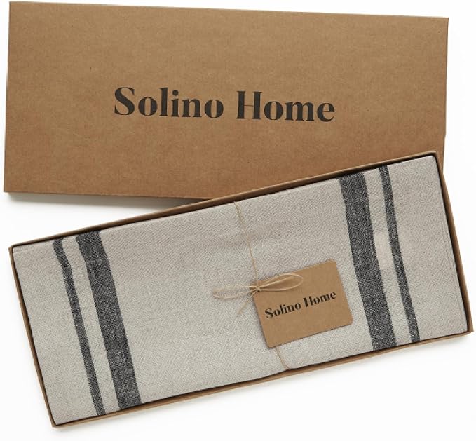 Solino Home Linen Table Runner 120 Inches Long - 100% Pure Linen Black and Natural French Stripe Table Runner 14 x 120 Inch for Dining, Spring, Summer