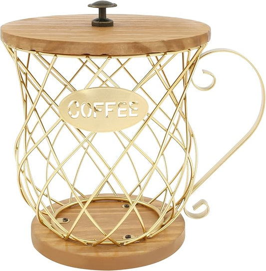 Gold Coffee Pod Storage Organizer with Lid and Handle - Large Capacity Coffee Capsules Holder for Home Office Countertop Decor