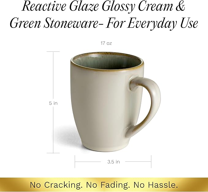 Sango Resona Moss Stoneware Heat Resistant Coffee Mugs, Microwave and Oven Safe, 12 oz, White, 4 Count